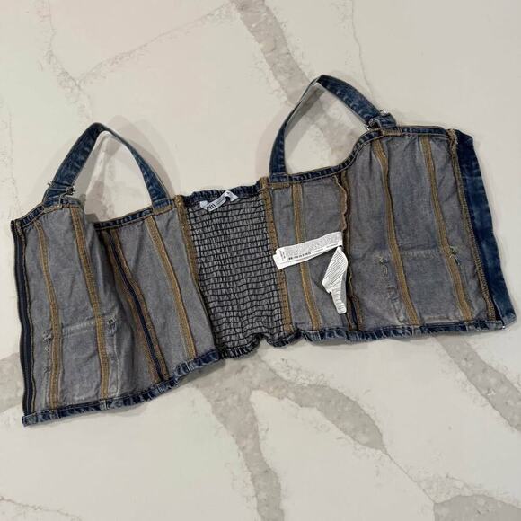 Zara y2k Denim Bustier Crop Top Womens Size Small Blue Smocked Back Front Zipper - Picture 3 of 7